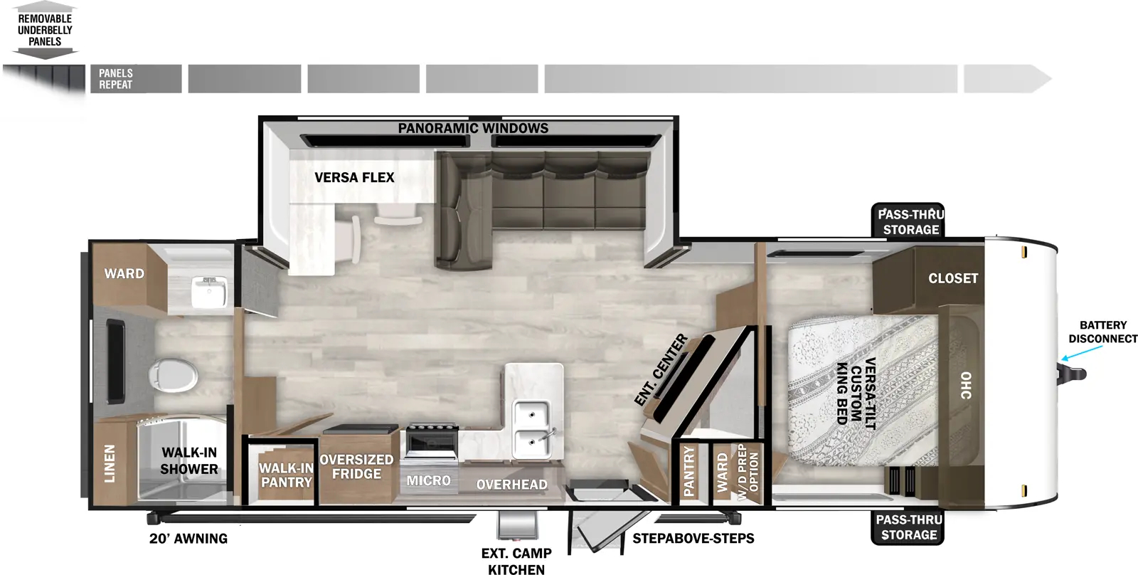 The Evo Southwest T2620 floorplan has one entry and one slide out. Exterior features include: metal exterior and 20' awning. Interiors features include: front bedroom and rear bathroom.